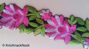 Black Velvet Fabric Trim With Pink / Blue And Green Floral Embroidery, 76mm wide - 200317L268 / 69